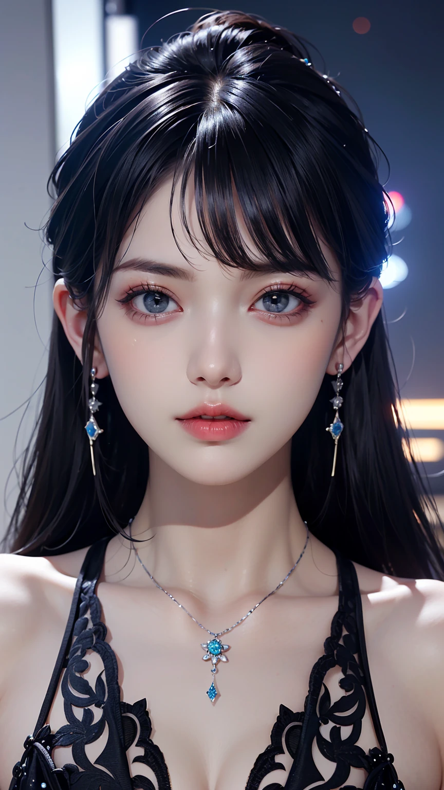 8K,  has the best quality, 1 Girl, (skindentation), night, ( dark ), Clear indoor background, (people), Beautiful bangs, Gorgeous,, (Clothing and:1.3), the soft lighting , Attractive,  dark  Room, (Shut up:1.2,  beautiful eyes ,  Detailed Eyes , Detailed iris,  Beautiful lips ,  beautiful nose , Beautiful Face),(primary color:1.5)