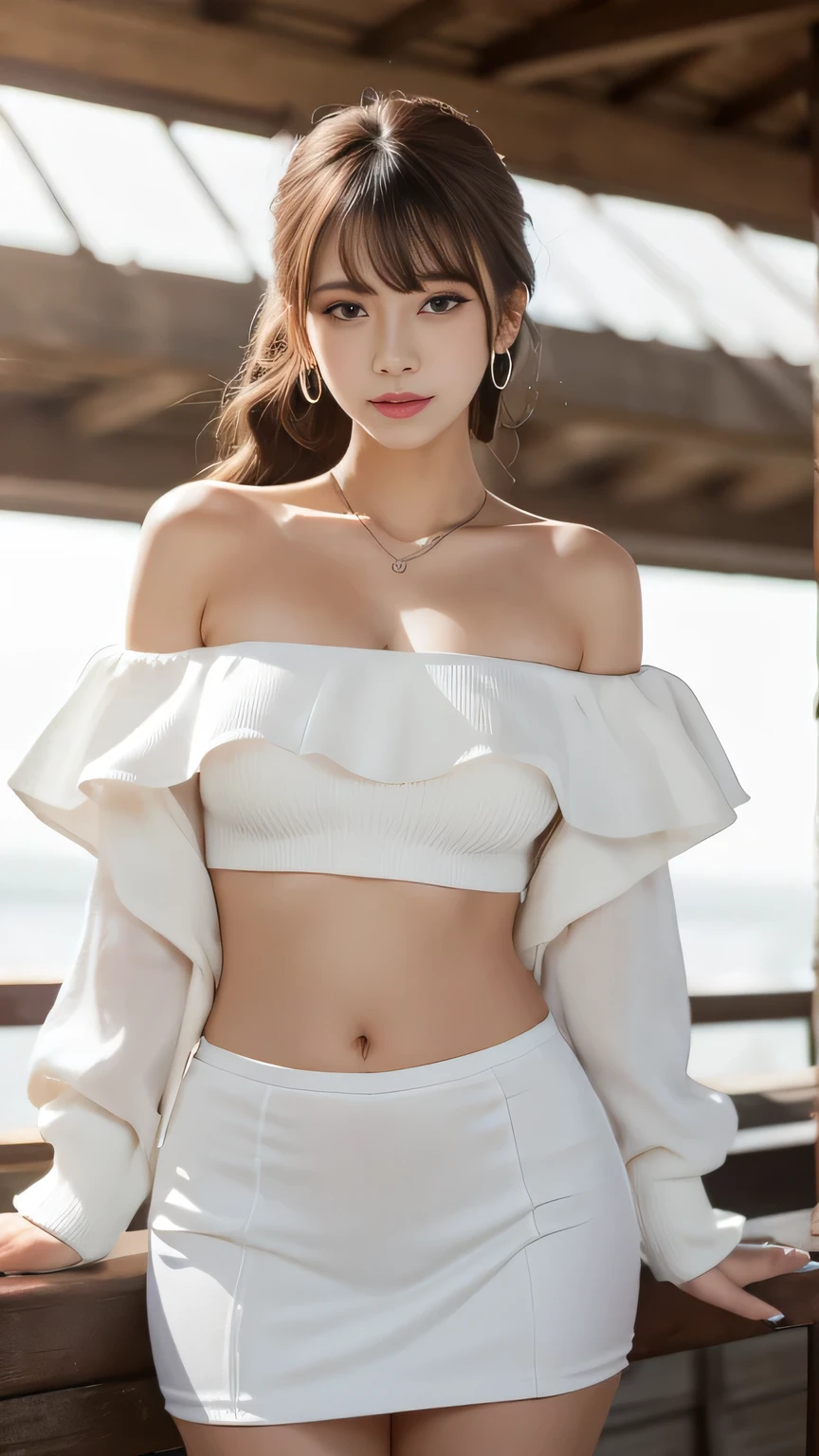 masterpiece,high quality,best quality),(colorful),(delicate eyes and face),volumatic light,ray tracing,extremely detailed CG unity 8k wallpaper,(ahoge:1.3),best quality,official art,(((light from the sky))),floating hair,light shines on hair,whultra-detailed,(((extremely detailed cg 8k wallpaper))),(crystalstexture skin:1.4),(extremely delicate and beautiful),(white skin),looking_at_viewer,kinghere fensejiaren,,realistic,1girl,solo,long hair,realistic,looking at viewer,red hair,shirt,parted lips,messy hair,lips,navel,white shirt,off shoulder,simple background,medium breasts,(add details:1.5),laziness