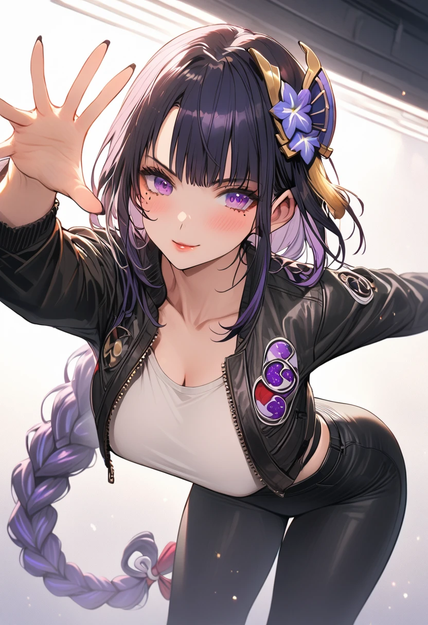 a woman, cropped bomber jacket, stylish top, high-waisted trousers, chunky sneakers, embroidered patches, unique prints, modern, stylish, fashionable, detailed, 8k, high quality, studio lighting, vibrant colors, dynamic pose, raiden shogun, braid, braided ponytail, hair flower, hair ornament, long hair, mole, mole under eye, purple eyes, purple flower, purple hair, single braid, sidelocks, mature female, whole body,
