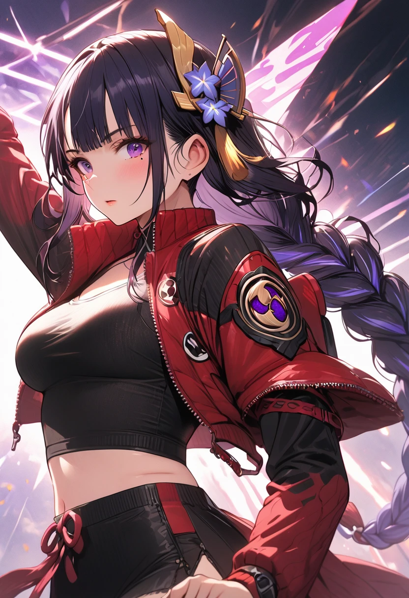 a woman, cropped bomber jacket, stylish top, high-waisted trousers, chunky sneakers, embroidered patches, unique prints, modern, stylish, fashionable, detailed, 8k, high quality, studio lighting, vibrant colors, dynamic pose, raiden shogun, braid, braided ponytail, hair flower, hair ornament, long hair, mole, mole under eye, purple eyes, purple flower, purple hair, single braid, sidelocks, mature female, whole body,
