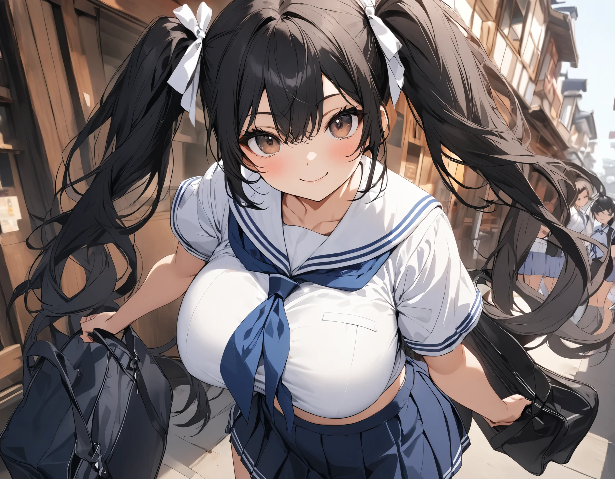 Standing from the side, the background is black hair between modern Japanese buildings:1.3( twin tails:1.3)A dark blue high school girl with middle hair, brown eyes, large white ribbon breasts, and large :1.2 thick legs for summer(White collar:1.2)Short-sleeved white summer sailor suit :1.Navy blue wearing 3 :1.A dark blue high school girl in a pleated skirt with 3 ties is smiling while holding a Boston bag