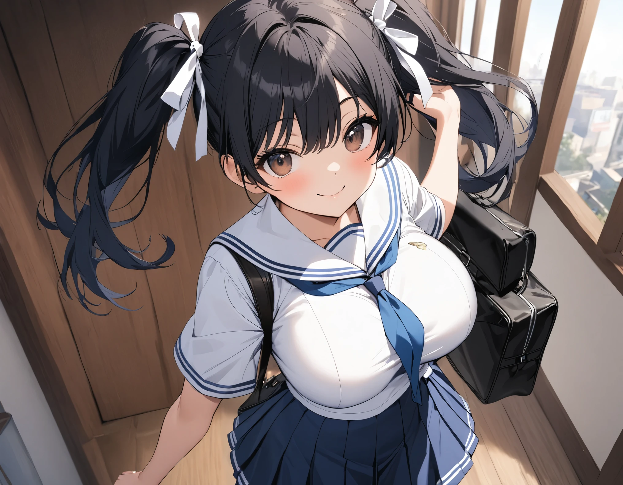 Standing from the side, the background is black hair between modern Japanese buildings:1.3( twin tails:1.3)A dark blue high school girl with middle hair, brown eyes, large white ribbon breasts, and large :1.2 thick legs for summer(White collar:1.2)Short-sleeved white summer sailor suit :1.Navy blue wearing 3 :1.A dark blue high school girl in a pleated skirt with 3 ties is smiling while holding a Boston bag