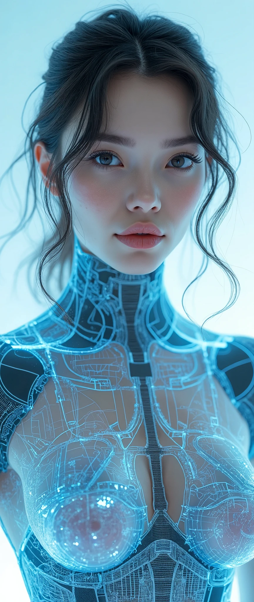 (masterpiece:1.2,Exceptional Quality,Mirror-like, movie-like experience, photorealistic:2.0,RAW Photos:2.0,Super detailed),8k,wallpaper,(Representing blueprints through holograms:2.0),(Beautiful woman:2.0),Female Cyborg,(Female Cyborgの設計図:2.0),(Draw the front view:2.0),(Avant-garde design:2.0),(Drawing detailed blueprints:2.0),(Beautiful Face,beautiful eyes,Beautiful Hair)