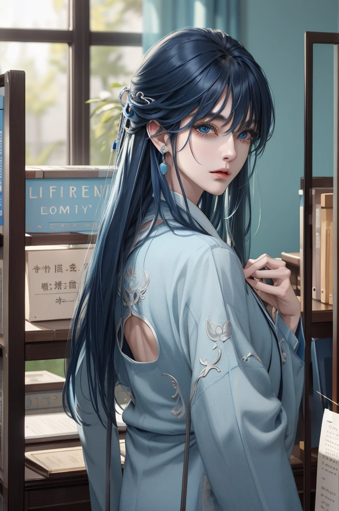 masterpiece,  best quality , Details、blue hair、Thin eyebrows、 long hair、youth、可愛らShii、With bangs、good looking、teacher、suit、 Libraries 、Looking back、like々Shii、Western style