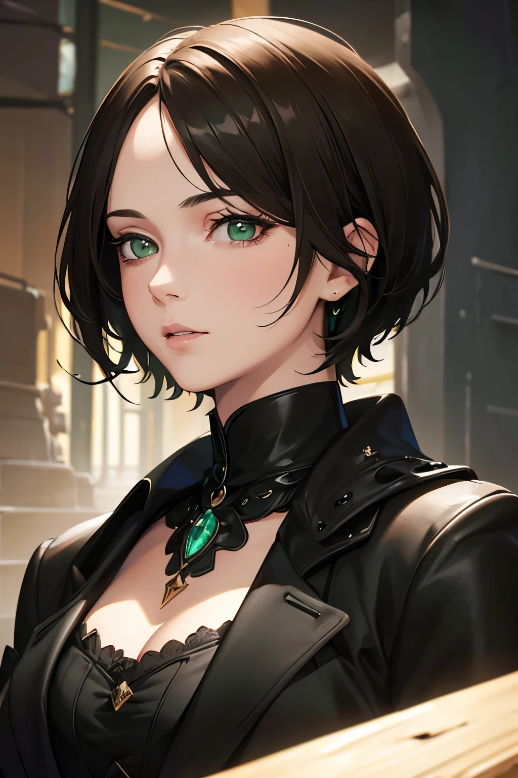 masterpiece, best quality, 1man, brunette hair, green eyes, black coat, short hair, dark alley, sad, detailed eyes, detailed facial features, realistic and high resolution (best quality, 4k, 8k, highres, masterpiece:1.2)