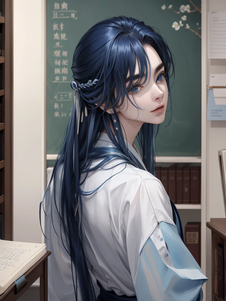 masterpiece,  best quality , Details、blue hair、Thin eyebrows、 long hair、youth、可愛らShii、With bangs、good looking、teacher、suit、 Libraries 、Looking back、like々Shii、Western style