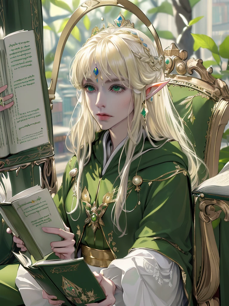 (((masterpiece, Best Quality, High image quality,  high detail)))), One, (( fantasy)))), (Elf Woman)))), ( Short White Skirt), (Blonde long straight hair), (Brilliant dark green eyes), (Green cloak with gold embroidery), big, (((Royal Capital National Library)), ( large space with lots of books )), sitting in a chair reading a book , Particles of light flying