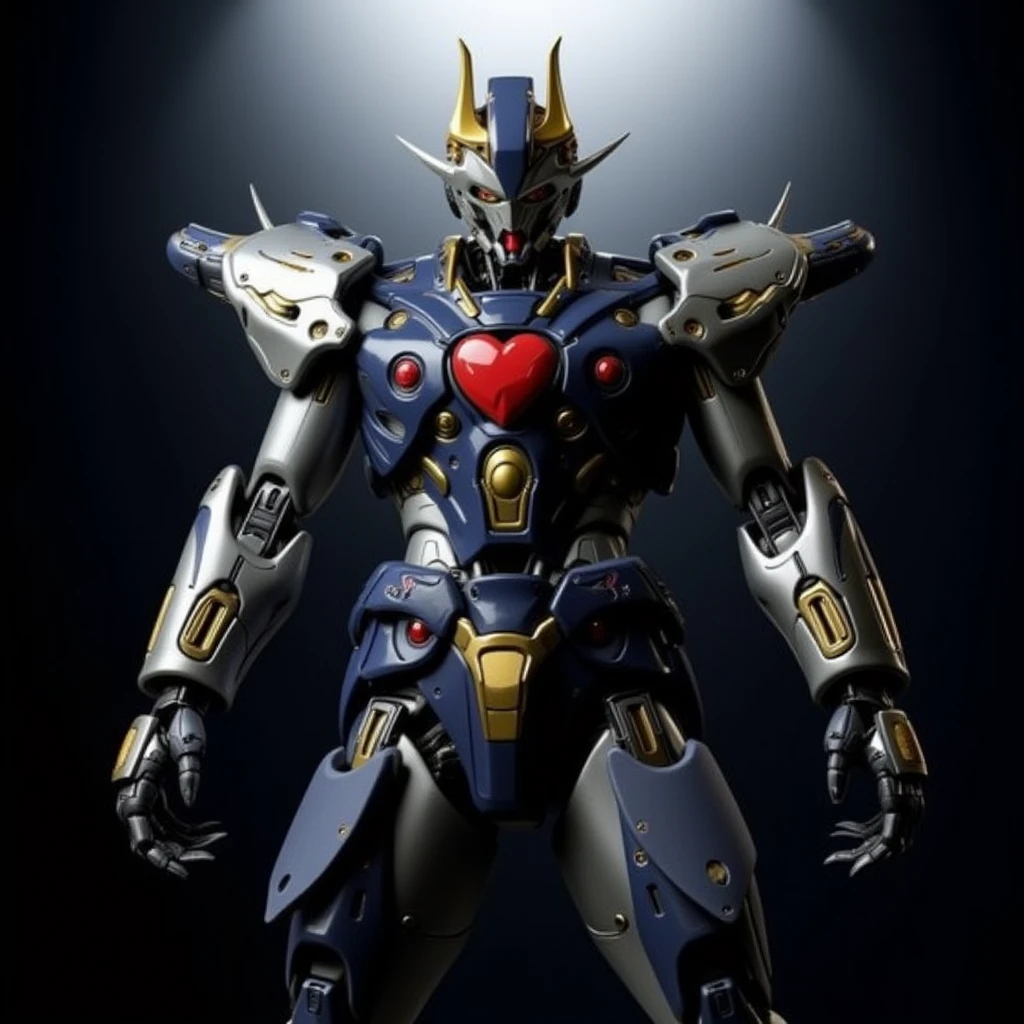 A towering futuristic robot with a sleek, metallic body stands powerfully under a focused spotlight. The robot has a majestic appearance with bold colors like silver, blue, red, and gold, giving it a heroic and timeless look. It features angular armor with a heart-shaped chest plate, prominent golden horns, and intricate details in the joints and limbs. The background is dark, allowing the robot's metallic reflections to shine brightly under the dramatic lighting. The design emphasizes strength, resilience, and advanced technology, reminiscent of classic Japanese mecha anime style. High contrast, photorealistic textures, cinematic lighting.