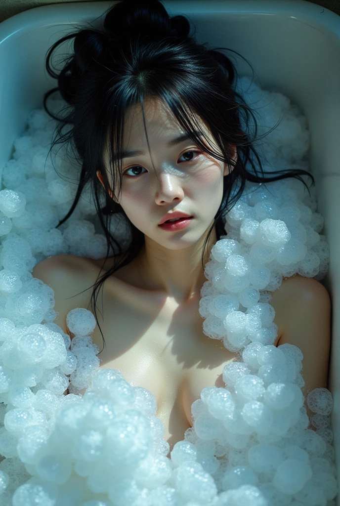 Professional photography, realistic, Wong Kar-Wai, shot from top down photo of Asian woman lying in the bathtub, she has long messy black hair, she is bathing, she has pretty makeup, the bathtub full of soap foam, photo has bubbles flying in foreground, SFW censored by soap foam, intricate detailed nude