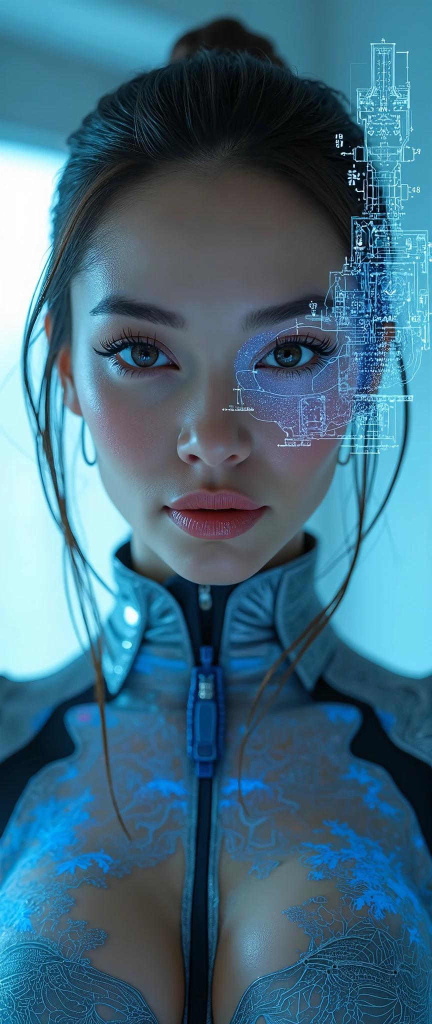 (masterpiece:1.2,Exceptional Quality,Mirror-like, movie-like experience, photorealistic:2.0,RAW Photos:2.0,Super detailed),8k,wallpaper,(Representing blueprints through holograms:2.0),(Beautiful woman:2.0),Female Cyborg,(Female Cyborgの設計図:2.0),(Draw the front view:2.0),(Avant-garde design:2.0),(Drawing detailed blueprints:2.0),(Beautiful Face,beautiful eyes,Beautiful Hair),(3D Animation:2.0)