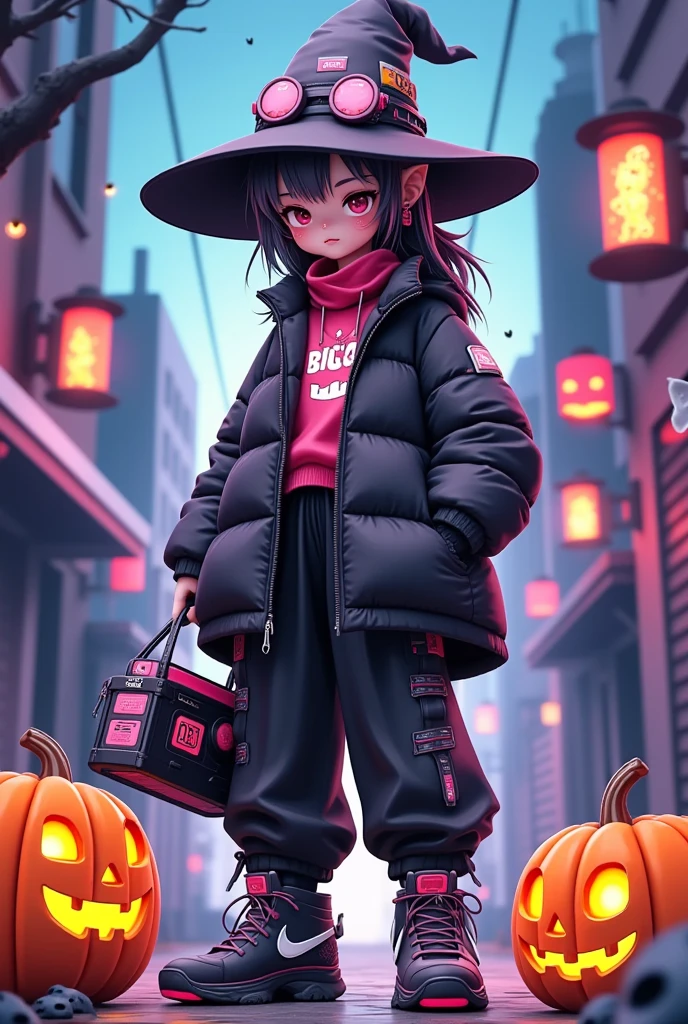  cyberpunk，Halloween comic graffiti ：One wearing a hat、cartoon girl with pumpkins and other items,portable candy basket，  Halloween art style , Witch Girl, Halloween style, Bright witch, Trick or Treat, Colorfull illustration, Halloween theme, Lovely art style, Sugarpunk character design, mechanized Witch Girl,  colorful illustration , Scary cute , ❤🔥🍄🌪,  rossounding cartoon vivid，ghost，ghost，Skeleton
