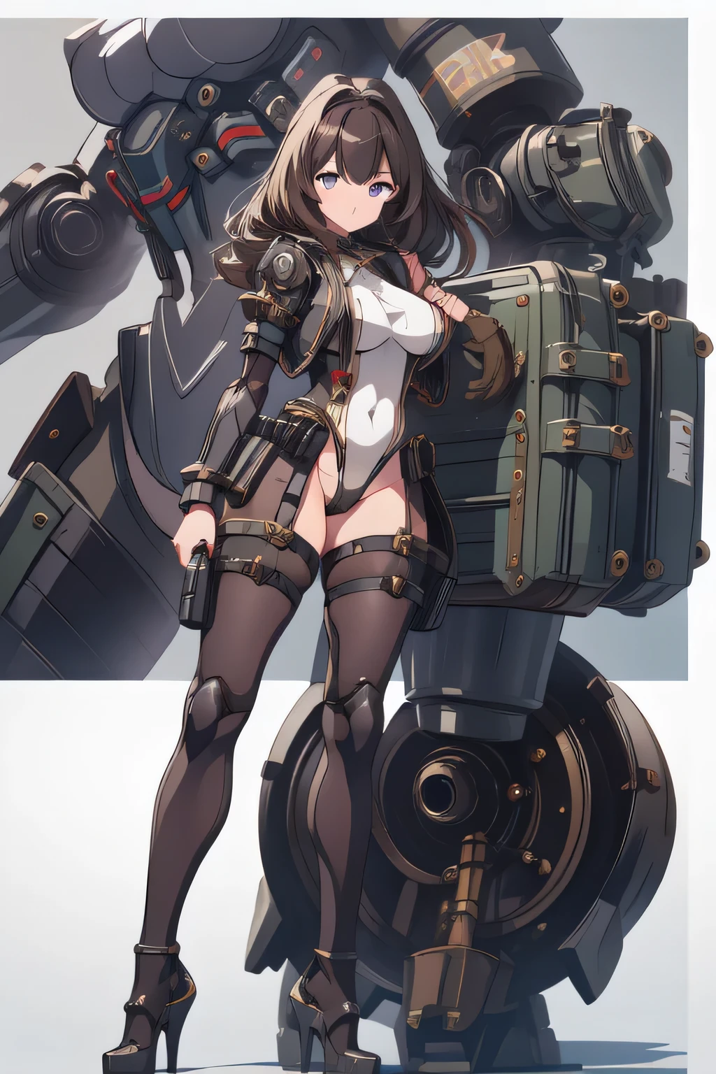 sfw:2,0, dieselpunk:1.6, 16k, highres, best quality, simple back ground, white background, full body shot
, official art,character reference:1.4,  multiple angle:1.2 , mecha musume:1.3,  breasts close up, epic ecchi:1.4, exoskeleton:1.7, mechanized body suit:1.6
, 1 milf idol oneesan girl, standing, slingshot leotard,  mechanized armor:1.4, thighhighs , huge missile combination high heel:1.2