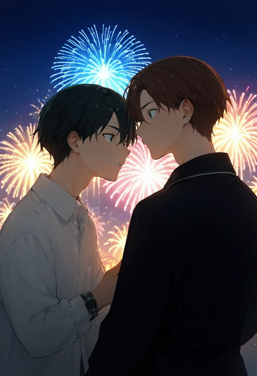  there are two men。One is a tall teacher 。 and the other is a dark-haired high school student  。The two seem to be having fun 。dating between guys。Two people watch fireworks。