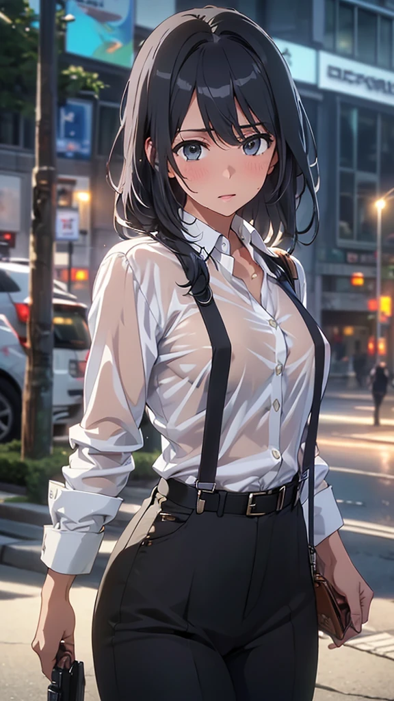  Woman in a Suit , belt, Hands on back,  Sweating ,  suspenders,  black pants , Large Breasts, see-through clothing, rain, Detective,  office worker ,  white button up shirt touched by middle-aged men, ( best quality ,4K,8k, Kampala,masterpiece:1.2),Ultra-detailed,(Realistic,photoRealistic,photo-Realistic:1.37), Beautiful Detail ,High definition face and body, slender　thin　 suspenders　 medium chest　 see-through shirt 　Nipples　　Lock　pistol　Armament　Criminal　Female Criminal　knife 　 Hands on back　Constraints 程よい胸 黒いマスク
