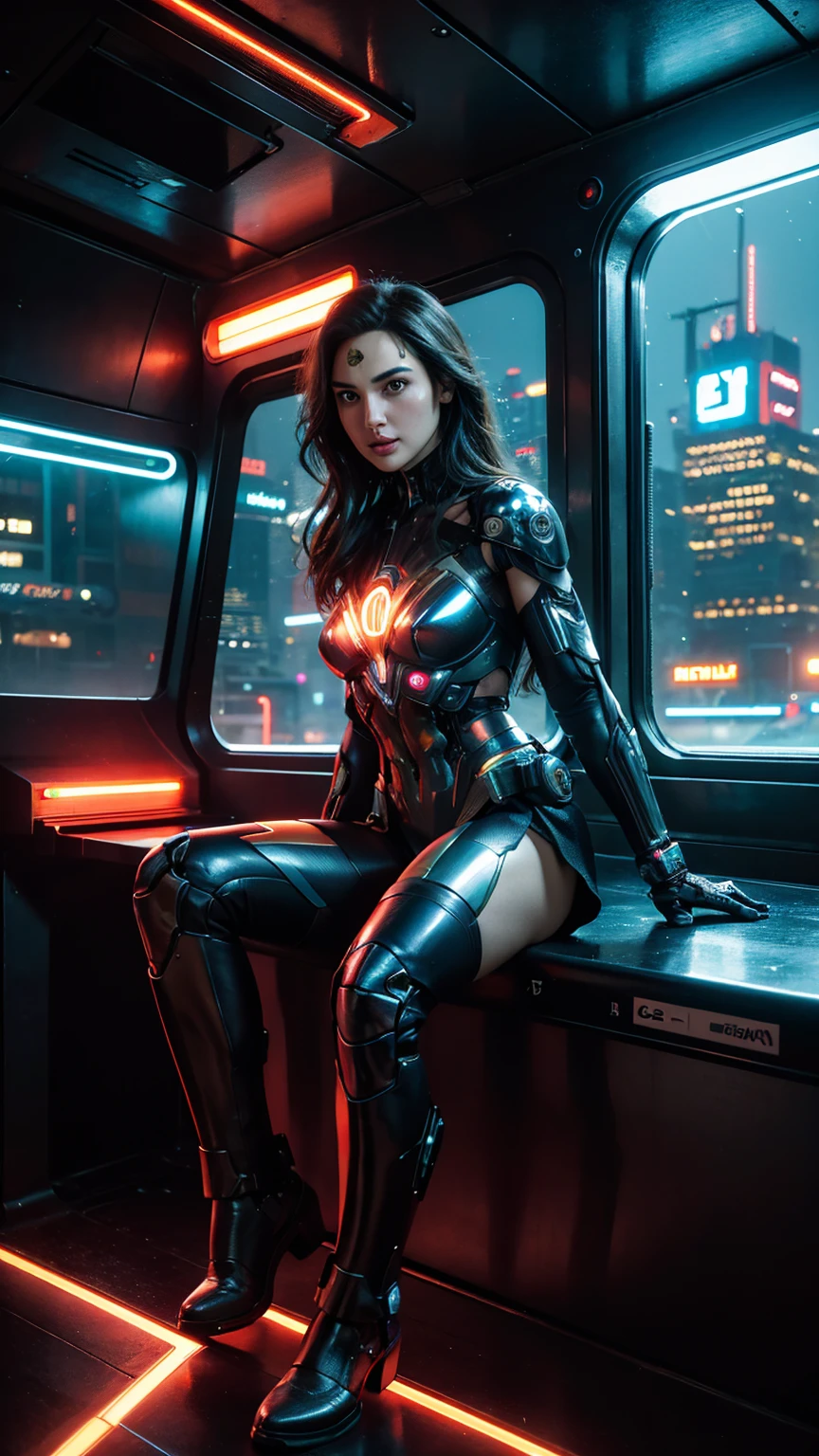 Gal Gadot,realitic,a cyborg woman sitting in a futuristic neon-lit train, robotic train, woman's left hand is made of steel, detailed cityscape, night scene, 8k, ultra-detailed, realistic, photorealistic, highly detailed, intricate, cinematic lighting, dramatic colors, neon-infused cyberpunk aesthetic, stunning visual effects, one women, 