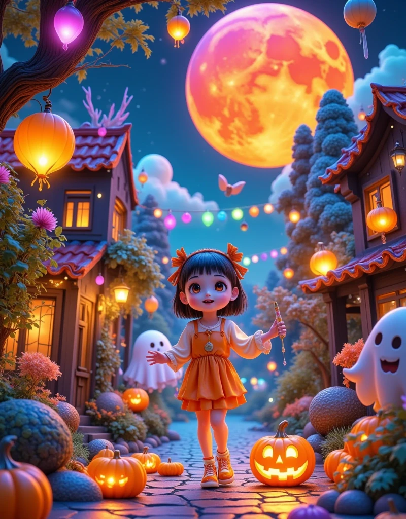 (Vision:1.0)，(Wide Angle:1.0)，(whole body:1.3)，  The Halloween  started like a dream ， The giant blood moon hangs high ， The mystery of the night sky 。 The pumpkin lamp swings in the breeze ， shines a warm orange light ， as if telling an ancient legend 。At the ， Ghosts and fairies take turns appearing ， Unbearably beautiful 。 The Halloween  hantastic ， to stimulate everyone's enthusiasm 。 Let's take turns on this strange night ，Have fun ，Release yourself， sweet candy and candy Drinks are intertwined {x} to welcome those fantasies and fears hidden in the dark， Bright colors，Bright，RGB， Colorful， is popular on social platforms，((Dopamineism))，((( dopamine color scheme )))，Facing the screen，High Saturation， high contrast ， high definition，8k，(in the style of Y2K)，Luo Erchun，Three-dimensional，3D Rendering，Unreal Engine，C4D，Blind box style，Pixar style，Extreme details