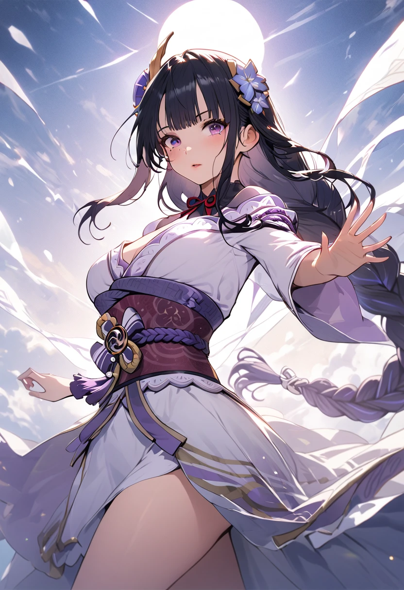 1girl, graceful dancer, flowing skirt, twirling skirt, celestial motifs, moons, stars, fitted bodice, silvery fabrics, elegant movement, cinematic pose, dramatic lighting, soft colors, ethereal, whimsical, masterpiece, (best quality,4k,8k,highres,masterpiece:1.2),ultra-detailed, dynamic pose,raiden shogun, braid, braided ponytail, hair flower, hair ornament, long hair, mole, mole under eye, purple eyes, purple flower, purple hair, single braid, sidelocks, mature female, whole body, large anime eyes, highly detailed eyes, natural skin, natural skin texture, subsurface scattering, muted colors, skin pores, perfect face, perfect eyes, perfect full lips,, vivid, cinematic, Film light, masterpiece, atmospheric, High resolution, Vibrant, High contrast, full body shot