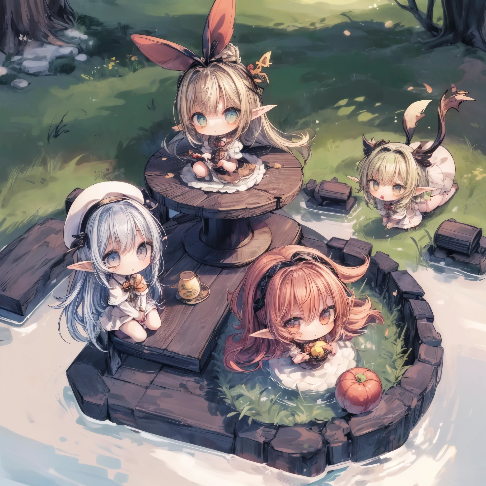 (6+girls:1.3),(6+girls\((chibi elf:1.3),living daily life\(eating food or washing clothes or talking each other\),living on Yggdrasil\)). BREAK .background\(Yggdrasil\(very huge tree,elf settlement\),forrest,beautiful lake around Yggdrasil\). BREAK .quality\(8k,wallpaper of extremely detailed CG unit, high resolution, top-quality, top-quality real texture skin, hyper realistic, increase the resolution, RAW photos, best quality, highly detailed, the wallpaper,golden ratio,high saturation realism, vibrant colors, dramatic lighting, persuasive storytelling, atmospheric scenery, captivating visuals, intricate details, strong emotions,dreamlike world\),from above, (isometric view)