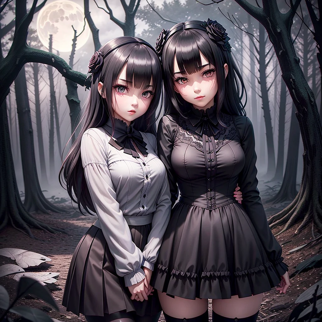  surrounded by a dark and spooky garden,  dead flowers and twisted trees 々, Full moon shining in a cloudy sky,  create an unforgettable vibe . Extremely detailed eyes and face 、Black straight hair、 Red Pleated Skirt 、フレア袖のブラックGothicブラウス、 black knee-high socks 、 garter belt、Red Rose、21 years old、Miserable、smile、Blushed cheeks、Mysterious look、Gothic、Beauty、Dark late night forest landscape、 charming、boredom、 sexy、 Foggy 、shadow、ダークGothicメイク、Slightly soft look 、