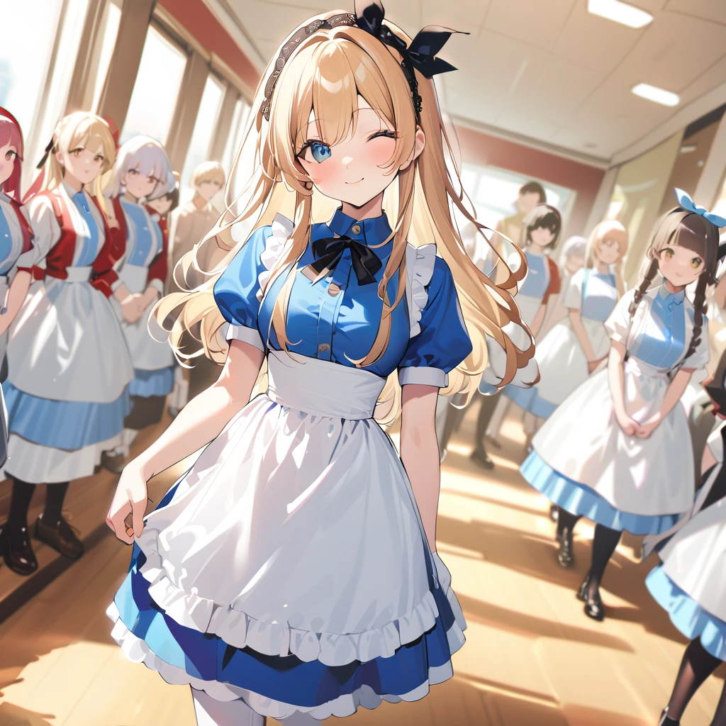 woman,Alice,Wide angle,  standing on a book  ,It's a small world ,With a smile,  eyes closed , Blonde,Long Hair, the momiage has braids  ,  black ribbon headband  ,Big ribbon,Blue dress, White Apron ,  and the background is properly blurred , the background is a masterpiece on the desk  ,  absurd with 22 people,( Viewers )