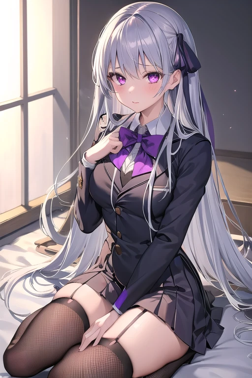 masterpiece,  best quality ,  ultra-fine,  1 girl, Fishnet stockings,  Kazuki Kazami, Silver Hair, Long Hair,  purple eyes,   school uniform , BLACK BOW