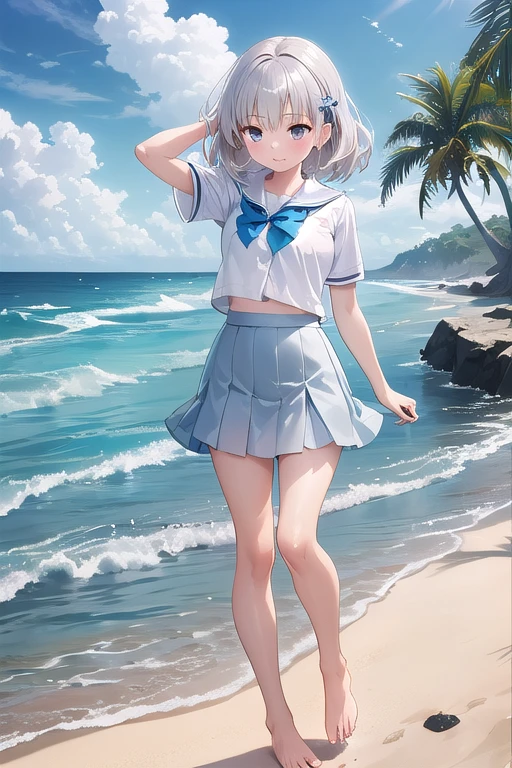 ((masterpiece)), ( best quality ), Official Art,  extremely detailed CG ,   unity 8k Wallpaper  , Super detailed, 
 1 girl,  Jerseys, , Junior Student ,  Philippine Uniform , Asian Uniform,  Silver Skirt ,  Silver Little Bow , 
Full Body,   miniskirt , Beach, Ocean, (barefoot:1.2), Confused, 
 Dido Flip Hair ,  Platinum Blonde Hair, 
 