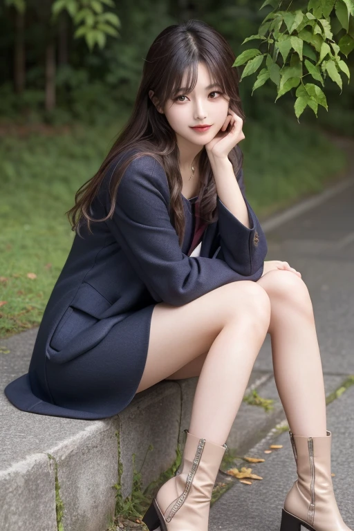 Japanese model wearing a red coat and black boots sitting on a yellow leaf,  Elegant Japanese woman,   wearing a red jacket , Cute Japanese Actress,  looking at the camera 、Detailed and beautiful eyes、Cute smile、A soft and gentle look