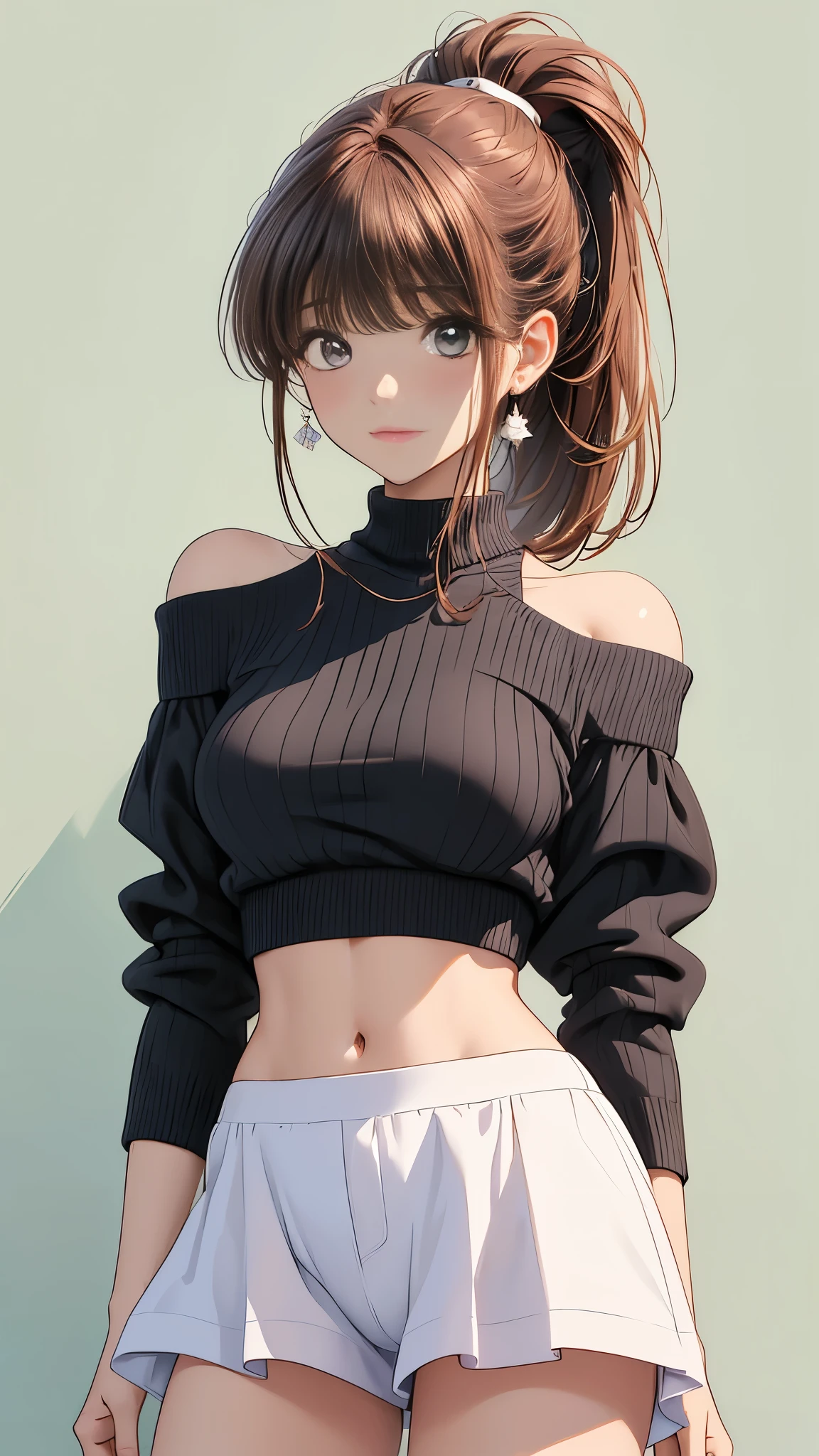 ((Best Quality)), ((Artwork)), (Detailed), 1 girl, Shoulder-to-shoulder sweater, Auburn Hair, ponytail、Micro Mini Underwear, Crop top/Underbust,A little teary、blush、Eyes from below、whole body、topless、Pussy in full view、 , 8k, rosto Detailed, Standing against a natural gray coloured background