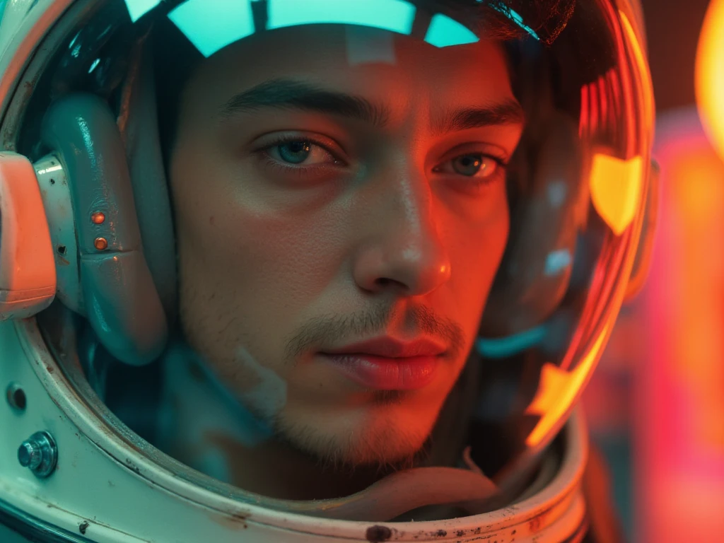 A photorealistic extreme close-up shot of a 25 years old David Gandy posed as astronaut, highlighting his retro-futuristic space helmet with a transparent visor. His expression is calm, his eyes reflecting the neon lights around him. His strikingly good look, hunter blue eyes, prominent nose, strong jaws & boyish moustache and softly glowing skin, is enhanced by the warm light. The reflection of a spaceship launching is visible in his visor. The camera focuses intensely on his skin’s texture, the curve of his lips, and the soft reflection of the futuristic world surrounding him. KEYWORDS: 8K. The camera shot him from a slight angle. Apply a high-contrast color palette with desaturated reds and greens. Warm up the shadows and highlights to mimic Technicolor and Kodachrome film stock. Focus on natural but vibrant colors with a subtle vintage feel, enhancing skin tones with warmth while keeping the overall scene slightly desaturated for an authentic 1950s look.