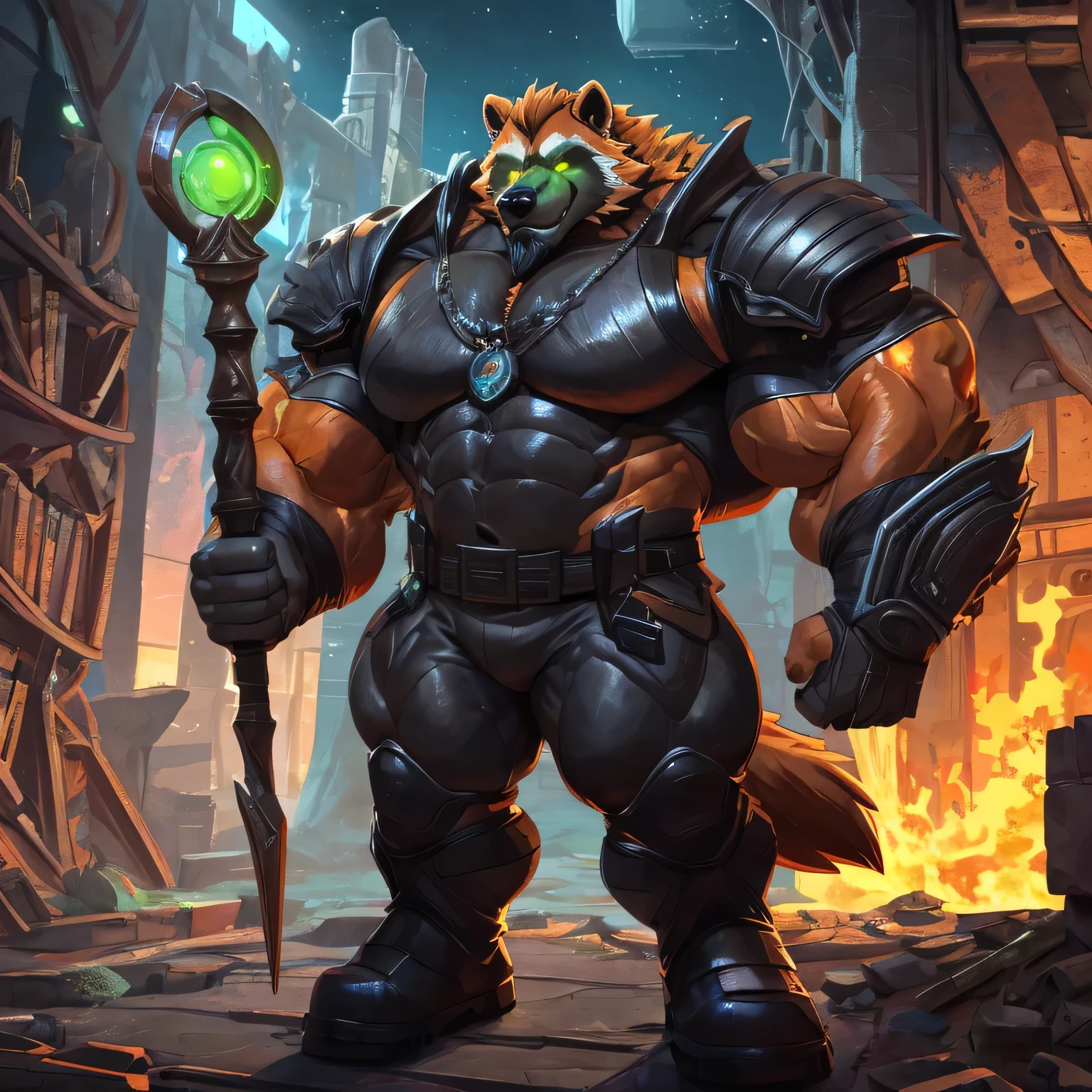 An anthropomorphic badass bodybuilder mage wolverine (realistic, detailed, aesthetic physique, american shot, aesthetic proportions, 1.5 meters tall, small, very oversized large thick massive, muscles, very stocky, very strong body, aesthestic physique, very muscular, very massive muscles, oversized chest, very broad shoulders, broad body, oversized upperbody muscles, orange body, wolverine head (wolverine head, black big mustache, black long beard, black thick mohawk hairstyle, orange fur, bright green glowing eyes) orange fur, naked upperbody,  wears a futuristic grey magic armor, wears a futuristic grey cape,wears a futuristic grey armored pant, wears futuristic black boots, wears a futuristic grey magic armor, holding a futuristic mage staff with his left hand in an abandonned library near futuristic ruins at night.