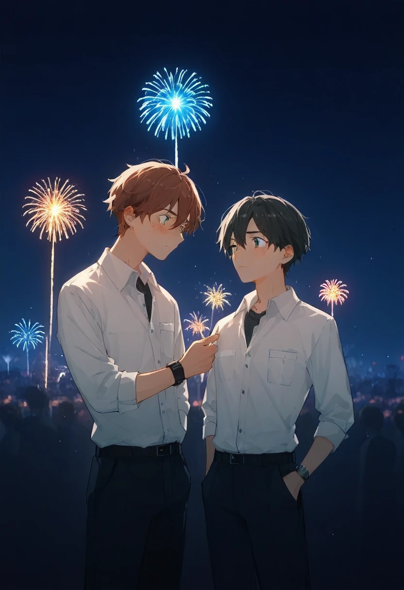  there are two men。One is a tall teacher 。 and the other is a dark-haired high school student  。The two are putting their hands around their partner's hips and looking shy yet having fun。dating between guys。Two people watch fireworks。