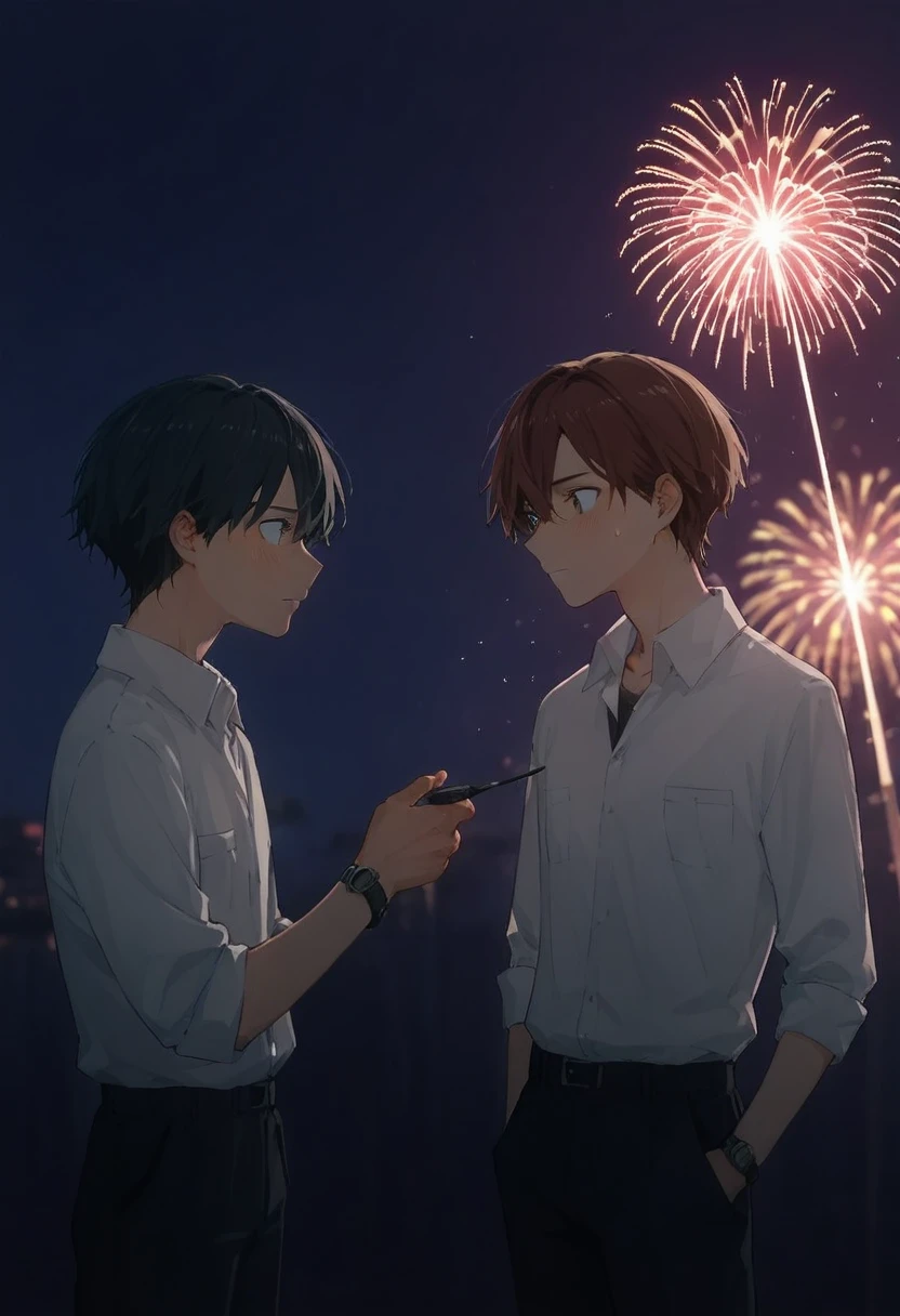  there are two men。One is a tall teacher 。 and the other is a dark-haired high school student  。The two are putting their hands around their partner's hips and looking shy yet having fun。dating between guys。Two people watch fireworks。