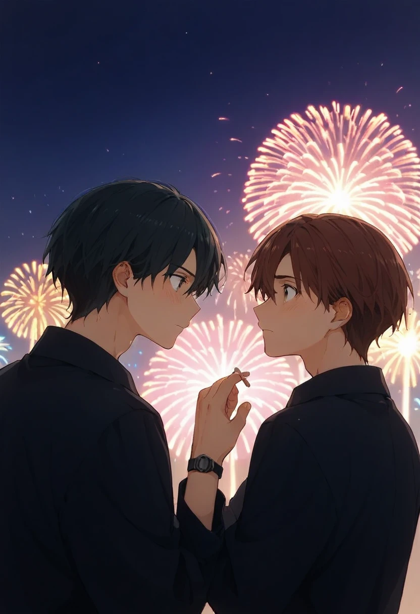  there are two men。One is a tall teacher 。 and the other is a dark-haired high school student  。The two are putting their hands around their partner's hips and looking shy yet having fun。dating between guys。Two people watch fireworks。