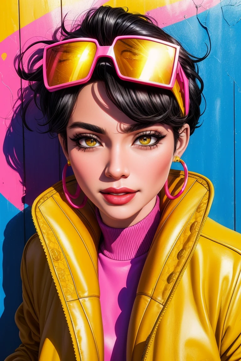 Jubilee,short black hair, brown eyes, solo, standing, upper body, smile, jubJak, open yellow jacket, purple shades on head, hoop earrings ,blue gloves, pink shirt, streets, chain fence, retro, graffiti, (insanely detailed, beautiful detailed face, masterpiece, beautiful detailed eyes, best quality)