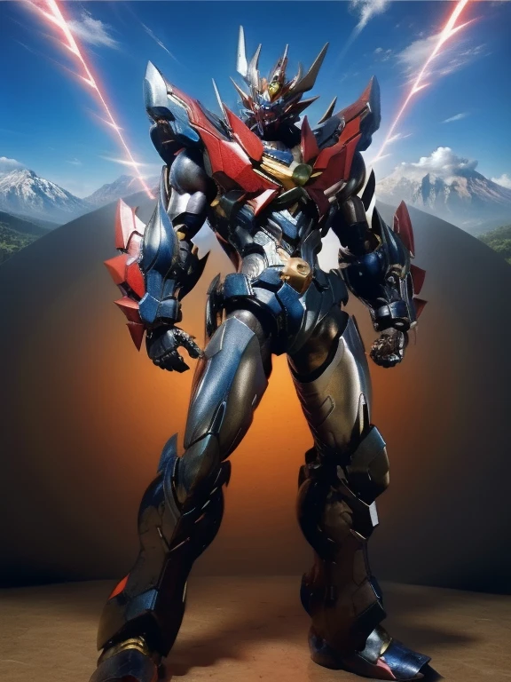 Humanoid Mecha,  fully sealed shoulder guard , Matching arm and leg guards, whole body,  Full Armor , Super Robot, Robust and agile design, (The main colour is white.、Red and blue accents。,  concept was inspired by super robots,  lion concept chest armor , Pause,  in the center standing, The ),  sophisticated mature art style , (Aura Effect,  energy ,  glowing eyes, Armor Shines), ((ＳＲＳ)), metallic, dramatic,  Kampala, Best Quality,  Kampala,  very detailed , Fine painting, Very delicate, professional, 完璧なボディprofessionalポーション,  anatomically correct, Symmetrical face,  very detailed 目と顔,  high quality eyes , creativity, RAW photo, 超 Kampala, 32K, Natural Light, Cinema Lighting, masterpiece-anatomy-perfect, masterpiece:1.5　Big Eyes　 glowing eyes　Symmetrical face