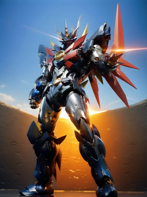 Humanoid Mecha,  fully sealed shoulder guard , Matching arm and leg guards, whole body,  Full Armor , Super Robot, Robust and agile design, (The main colour is white.、Red and blue accents。,  concept was inspired by super robots,  lion concept chest armor , Pause,  in the center standing, The ),  sophisticated mature art style , (Aura Effect,  energy ,  glowing eyes, Armor Shines), ((ＳＲＳ)), metallic, dramatic,  Kampala, Best Quality,  Kampala,  very detailed , Fine painting, Very delicate, professional, 完璧なボディprofessionalポーション,  anatomically correct, Symmetrical face,  very detailed 目と顔,  high quality eyes , creativity, RAW photo, 超 Kampala, 32K, Natural Light, Cinema Lighting, masterpiece-anatomy-perfect, masterpiece:1.5　Big Eyes　 glowing eyes　Symmetrical face