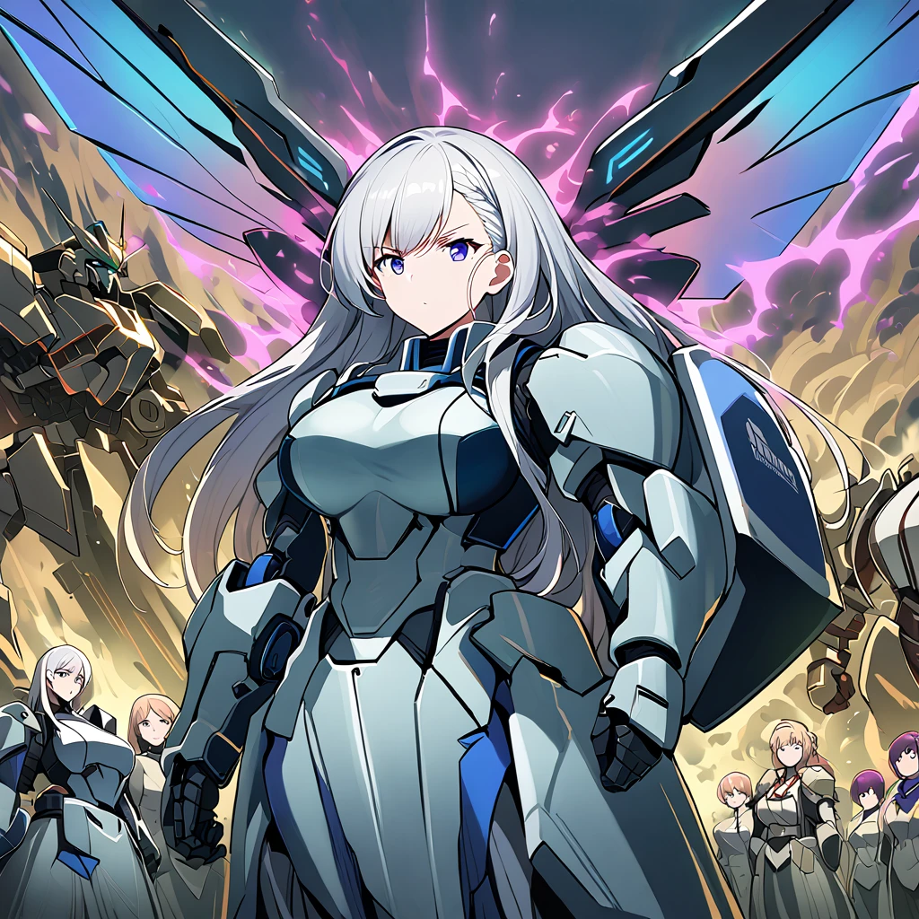 Anime, high detailed, multiple womans, mature womans, mecha armor, large mechanical wings, large Gauntlet, large shield in arm, serious, curvy body, long mechanical wings, mecha weapons、Colored armors、magenta Colored aura、BLUE Eyes, elongated pupils,  Mature Woman、magenta aura、womans surrounding, background in the space 