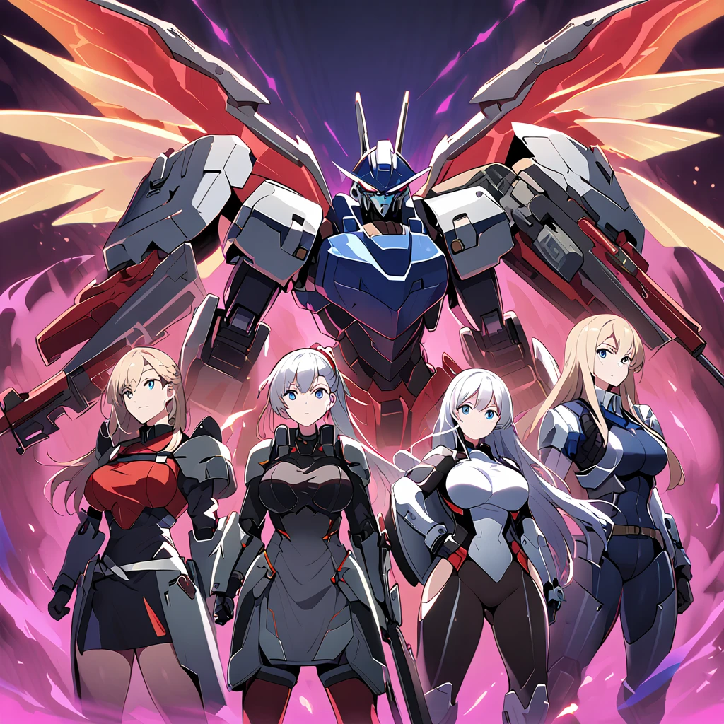 Anime, high detailed, multiple womans, mature womans, mecha armor, large mechanical wings, large Gauntlet, large shield in arm, serious, curvy body, long mechanical wings, mecha weapons、Colored armors、magenta Colored aura、BLUE Eyes, elongated pupils,  Mature Woman、magenta aura、womans surrounding, background in the space 