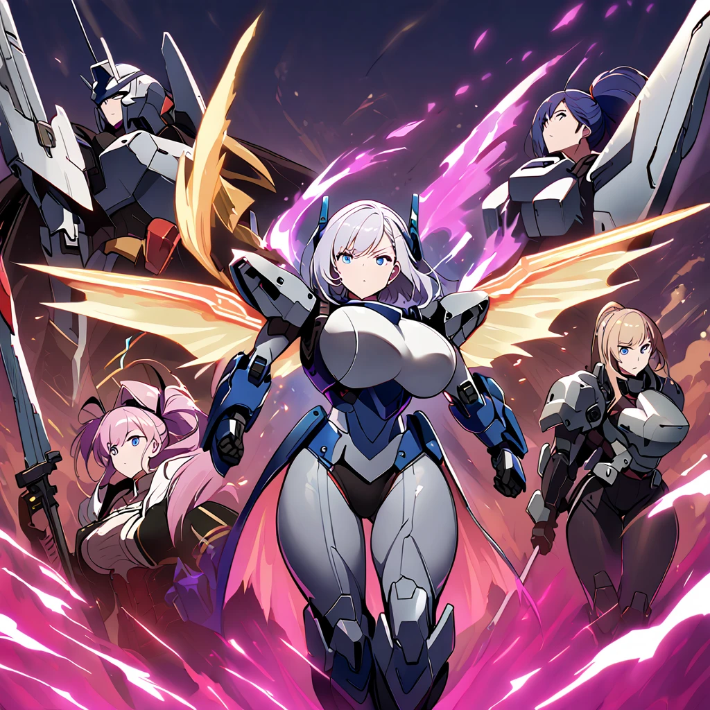 Anime, high detailed, multiple womans, mature womans, mecha armor, large mechanical wings, large Gauntlet, large shield in arm, serious, curvy body, long mechanical wings, mecha weapons、Colored armors、magenta Colored aura、BLUE Eyes, elongated pupils,  Mature Woman、magenta aura、womans surrounding, background in the space 