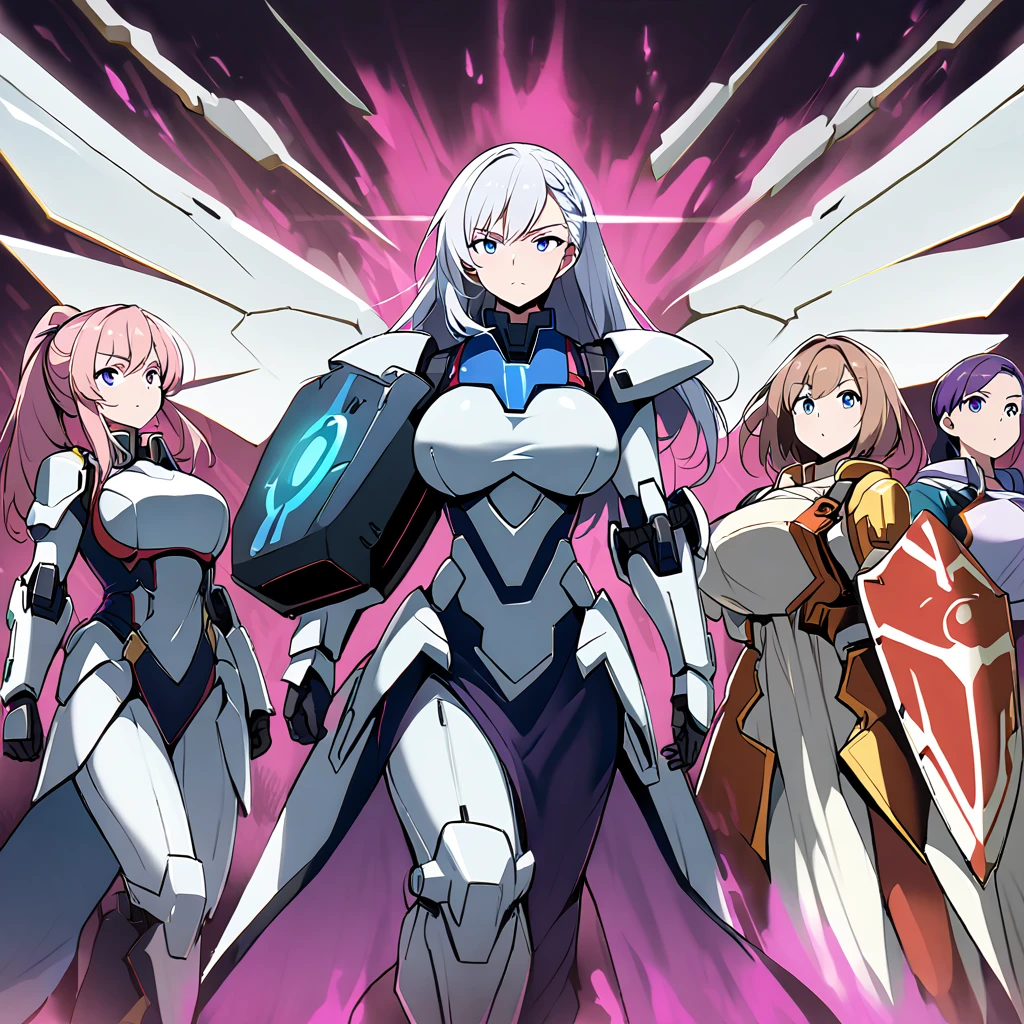 Anime, high detailed, multiple womans, mature womans, mecha armor, large mechanical wings, large Gauntlet, large shield in arm, serious, curvy body, long mechanical wings, mecha weapons、Colored armors、magenta Colored aura、BLUE Eyes, elongated pupils,  Mature Woman、magenta aura、womans surrounding, background in the space 