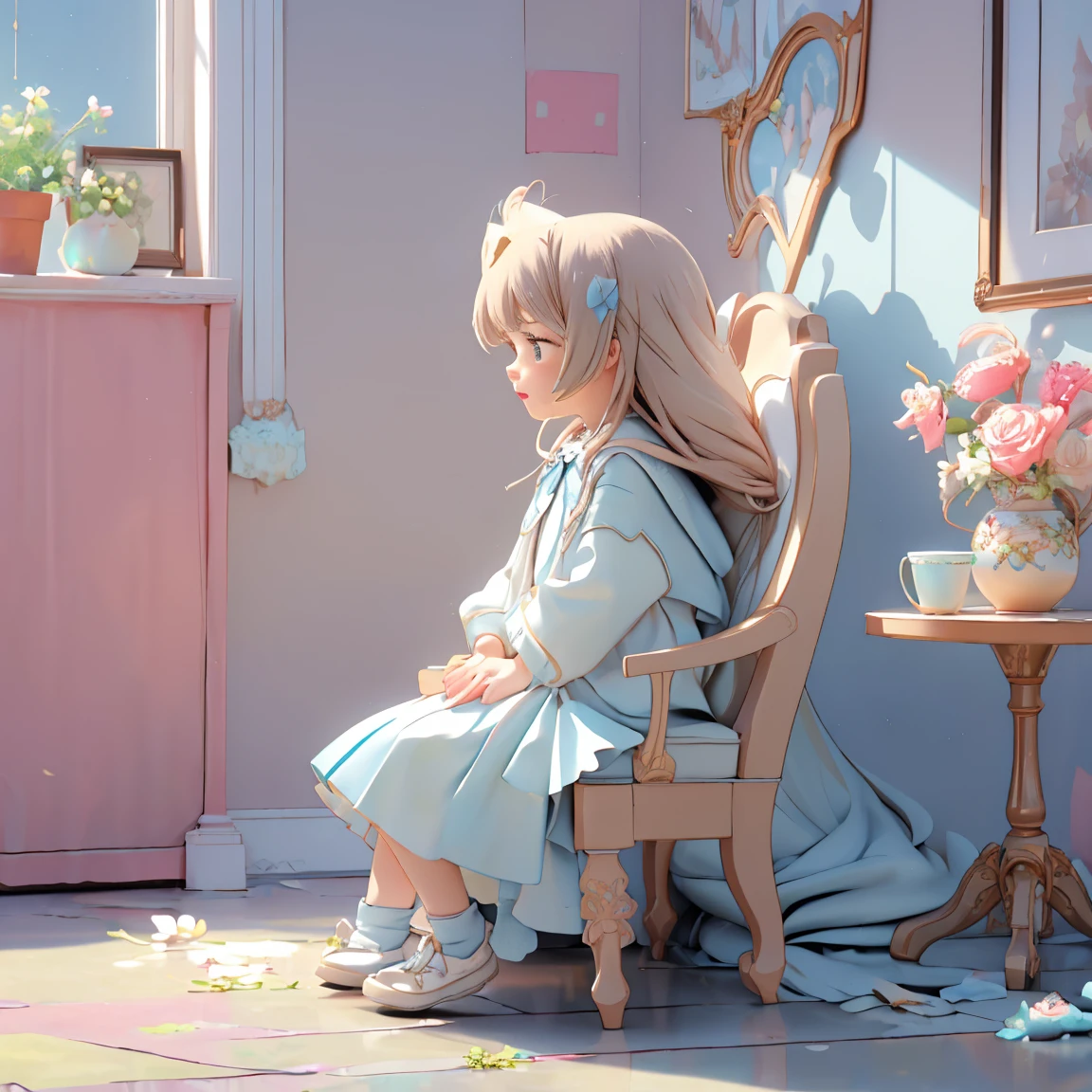  very detailed , (Illustration, Official Art: 1.1), ((((light blue Long Hair)))), (()), Cute face, masterpiece,  best quality  , (((( very delicate and delicate))  BEAUTIFUL GIRLS)))),  is amazing,  does it with her hands tied  , blunt bangs ((((  small delicate girl  )))), ((Tears))), Droopy eyes. (True Beauty: 1.2), Depth,  Dynamic Angle,,, (True Beauty: 1.2), (tiny  1 girl model: 1.2),) (  flat chest), (masterpiece: 1.2),  best quality  , Pixiv, Nice,  1 girl , Alone, Sitting, Long Hair, flower, chair, food, flower, cup, holding,  Long Sleeve  , skirt, skirt,  jacket, table, rose, indoor, , bangs, plant, holding cup,  wide shot  ,  profile  , Coat, long skirt, vase,  facing sideways 