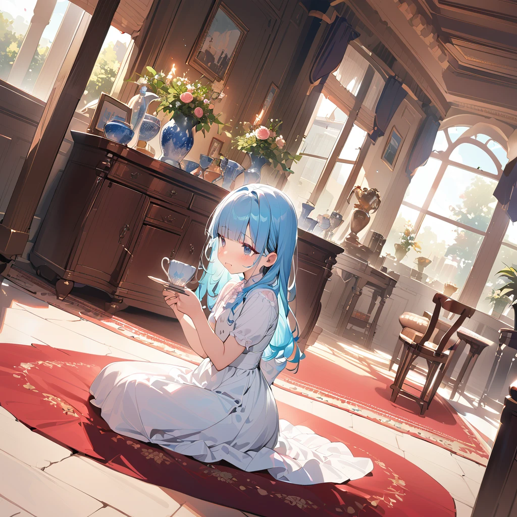  very detailed , (Illustration, Official Art: 1.1), ((((light blue Long Hair)))), (()), Cute face, masterpiece,  best quality  , (((( very delicate and delicate))  BEAUTIFUL GIRLS)))),  is amazing,  does it with her hands tied  , blunt bangs ((((  small delicate girl  )))), ((Tears))), Droopy eyes. (True Beauty: 1.2), Depth,  Dynamic Angle,,, (True Beauty: 1.2), (tiny  1 girl model: 1.2),) (  flat chest), (masterpiece: 1.2),  best quality  , Pixiv, Nice,  1 girl , Alone, Sitting, Long Hair, flower, chair, food, flower, cup, holding,  Long Sleeve  , skirt, skirt,  jacket, table, rose, indoor, , bangs, plant, holding cup,  wide shot  ,  profile  , Coat, long skirt, vase,  facing sideways 