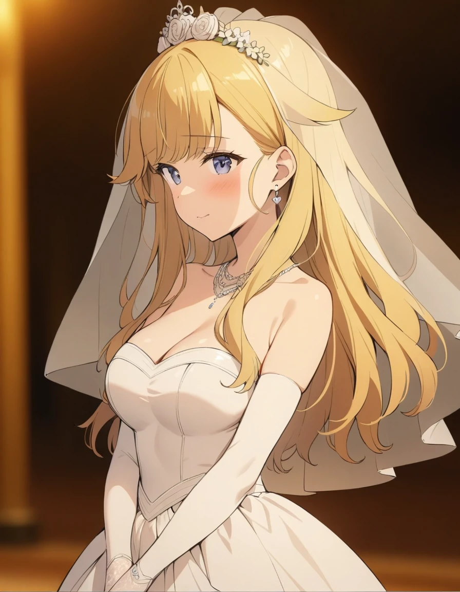 ((masterpiece)),(((best quality))),((ultra-detailed)),((illustration)),((disheveled hair)),((frills)),(1 girl),(solo), (((Pixel perfect, Perfect details))), alone, 1 girl, Shibuya Kanon,  Close-up of beautiful bride wearing beautiful wedding dress,Gurwitz,(bridal veil:1.5），（Transparent short veil：1.5），Blushing face，Head flower，headgear，（tube top wedding dress：1.5），（Silk dress：1.2）,（Strapless wedding dress：1.5）,pure white dress，necklace，earrings，(large breasts:1.3)，Deep V peach heart collar wedding dress，Bangs，lipstick，（lace gloves：1.3）,whole body照,High detail RAW color art,Long white dress，whole body，Place your hands behind your back, blonde_hair, grey_eyes