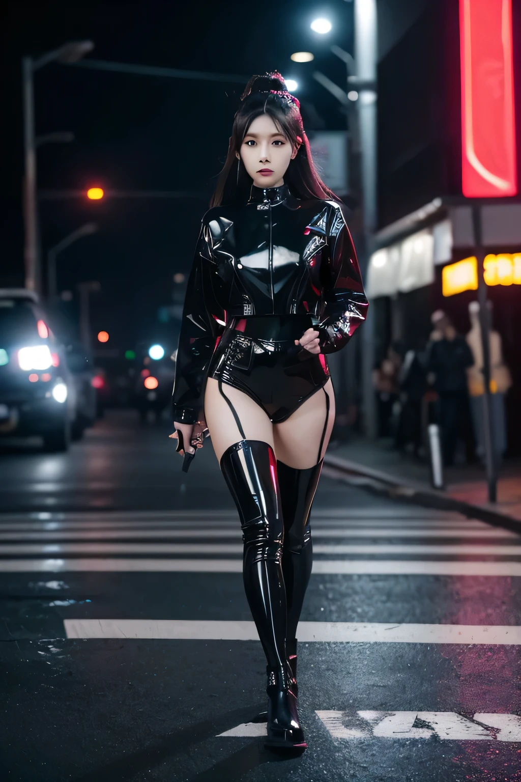 Portrait、cosplay、High definition、high resolution、real photos、Beautiful and cute Japanese girl、24age、gray hair、long hair、All black sister costume、wearing sunglasses、((Holding a machine gun))、wearing black tights、Rozen Maiden、Mercury lamp、I can see the whole body、Enchanted gaze、bright red rider suit costume、((Times Square at midnight))、fashion magazine、、I can see the whole body、walking smartly、A scene from a movie、cyber punk、futuristic、matrix、trinity、