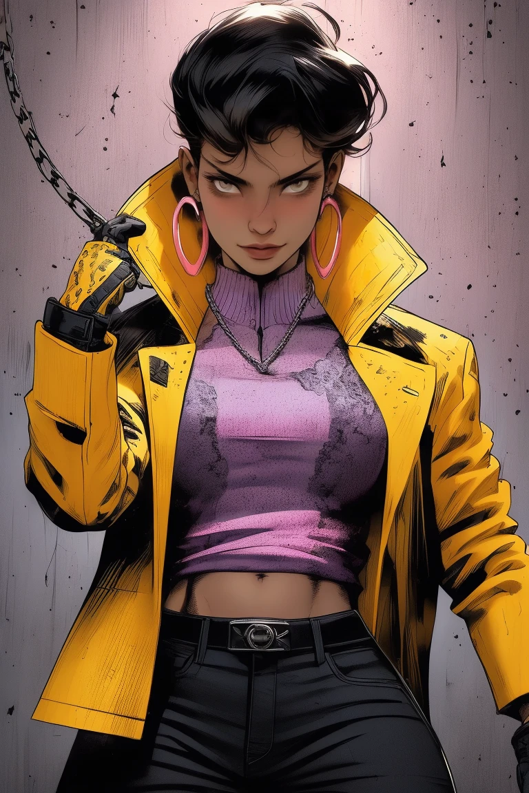 (((((Poses variadas))))), Jubilee,  short black hair,  brown eyes, Alone, standing,  upper body, smile, jubJak,  open yellow jacket ,  purple shadows on the head ,  hoop earrings , blue gloves, pink shirt , streets, Around the chain , retro, Graphite, (insanely detailed,  beautiful detailed face ,  masterpiece , beautiful detailed eyes, better quality)to sexy e linda Poses variadas