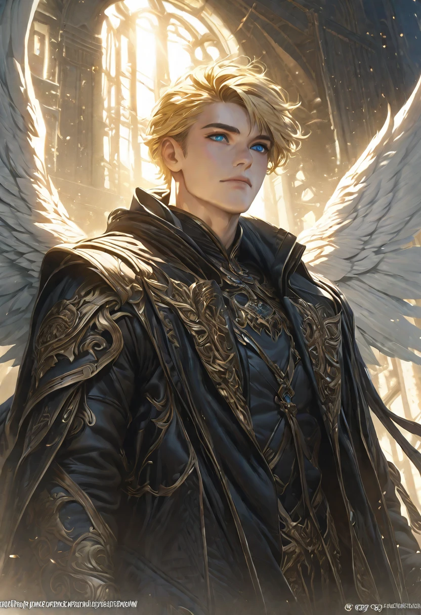 solo, handsome man, 1 male, black coat, short blonde hair, blue eyes, white wings, angelic, ultra-detailed, 8k, photorealistic, dramatic lighting, chiaroscuro, cinematic, fantasy, artstation, greg rutkowski