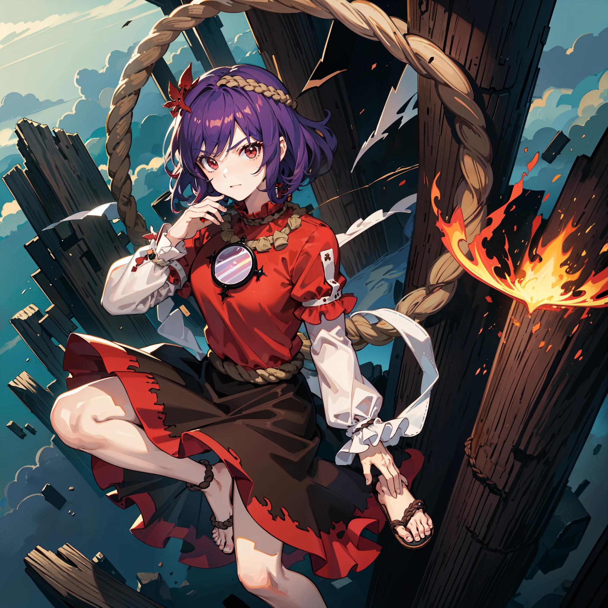 people the devil sealer manga, Anime, devil, Angel Art, Anime,  fantasy character,  My Hero Academia , people, people, 1peopleの***, Yasaka Kanako , Alone, rope, Sandals, Red eyes, onbashira, Red Sky, mirror, Purple Hair, shimenawa,  Layered Sleeves, Leaf hair ornament, moon,  short hair,  red shirt, Toes,  Long Sleeve ,  watching viewers, skirt