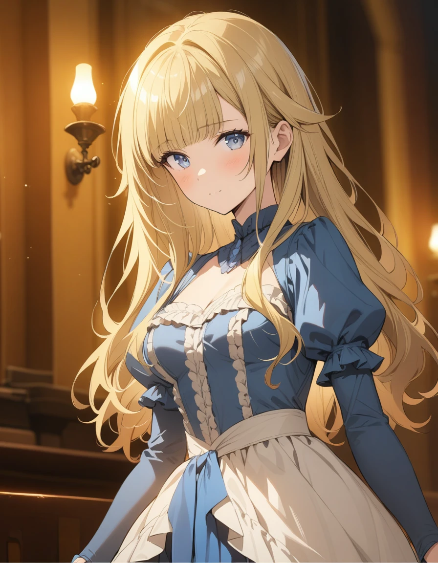 ((masterpiece)),(((best quality))),((ultra-detailed)),((illustration)),((disheveled hair)),((frills)),(1 girl),(solo), a woman in a sophisticated blue dress in a large medieval castle, , blonde_hair, grey_eyes