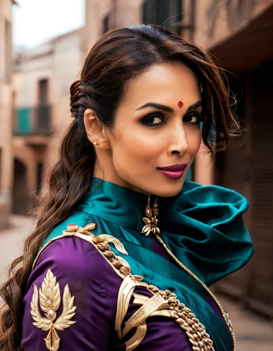 MalaikaArora,designed by Dustin Nguyen, portrait,close up of a Asymmetrical slender Amish Lance Corporal (Woman:1.3) wearing rogue Deep Purple, Teal and Bronze garb tailored by Sabyasachi Mukherjee, Unusual, fantasy, epic, back alley in medieval town, sinister, smirk, evil, Libyan hair styled as Shoulder-length, Hair Clip, Winter, Bokeh, Simple illustration, Seapunk Art, natural lighting, F/5,  nude