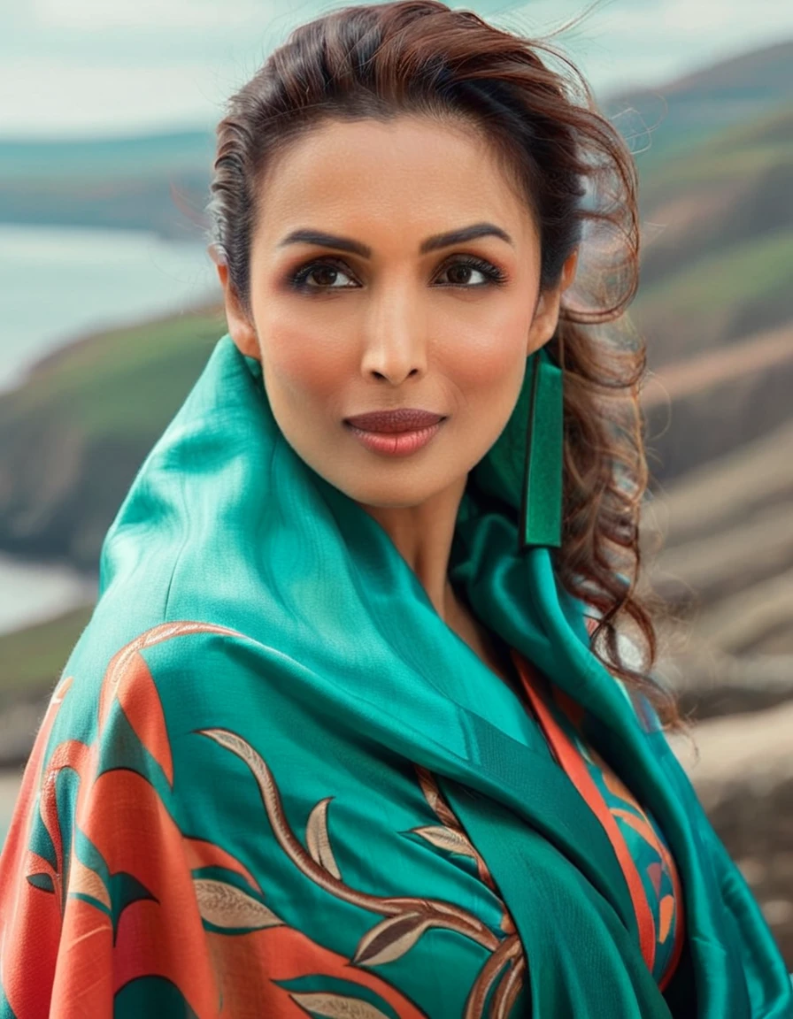 MalaikaArora,designed by L. S. Lowry, portrait,close up of a Regal Asian (Female:1.3) , ð­, in outfit, she has a Sephardic Turquoise and Coral Cloak, hillside, Cosy, good-looking, multidimensional, in the style of Starbucks nudes 